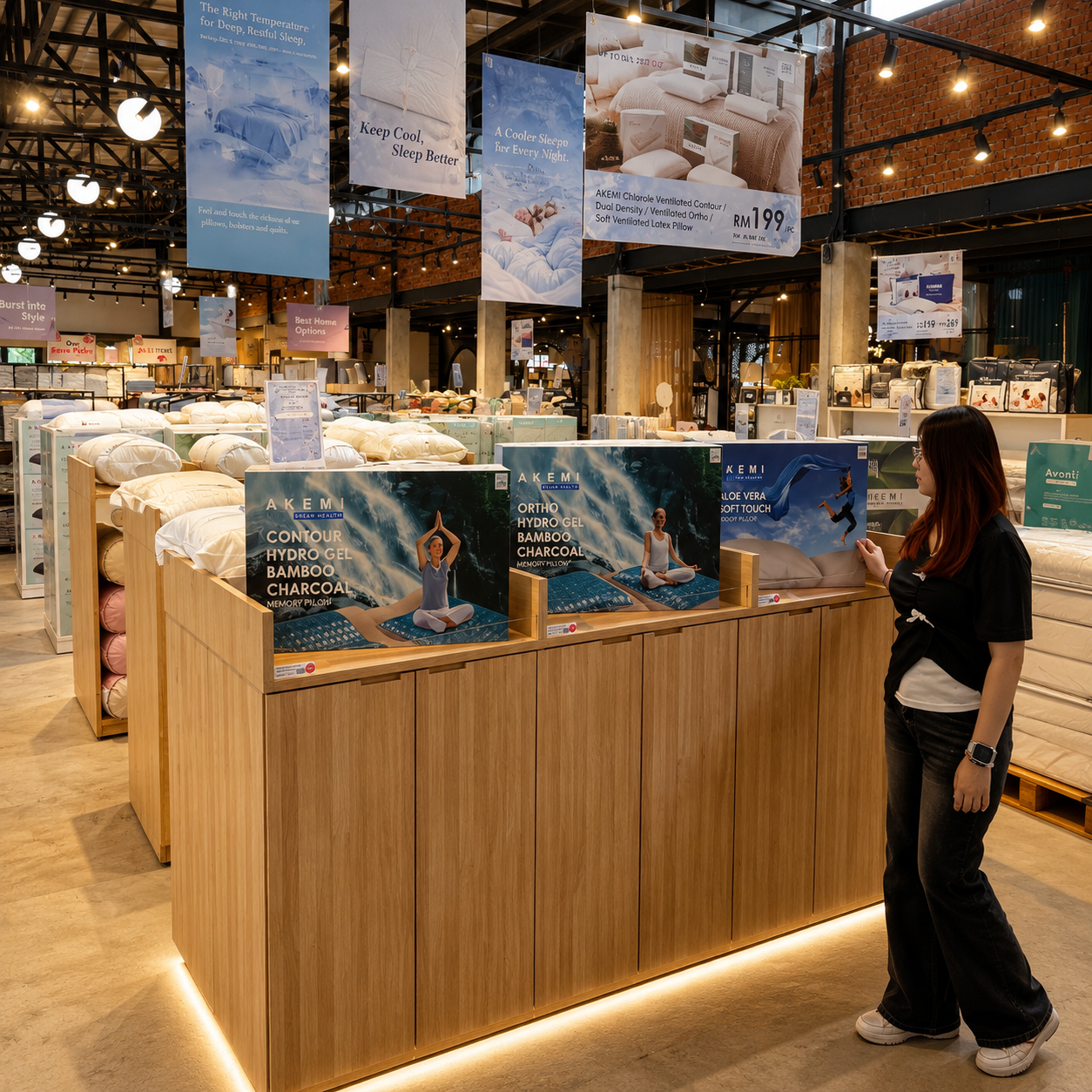 ED Shop Ipoh showroom with premium Akemi pillow display