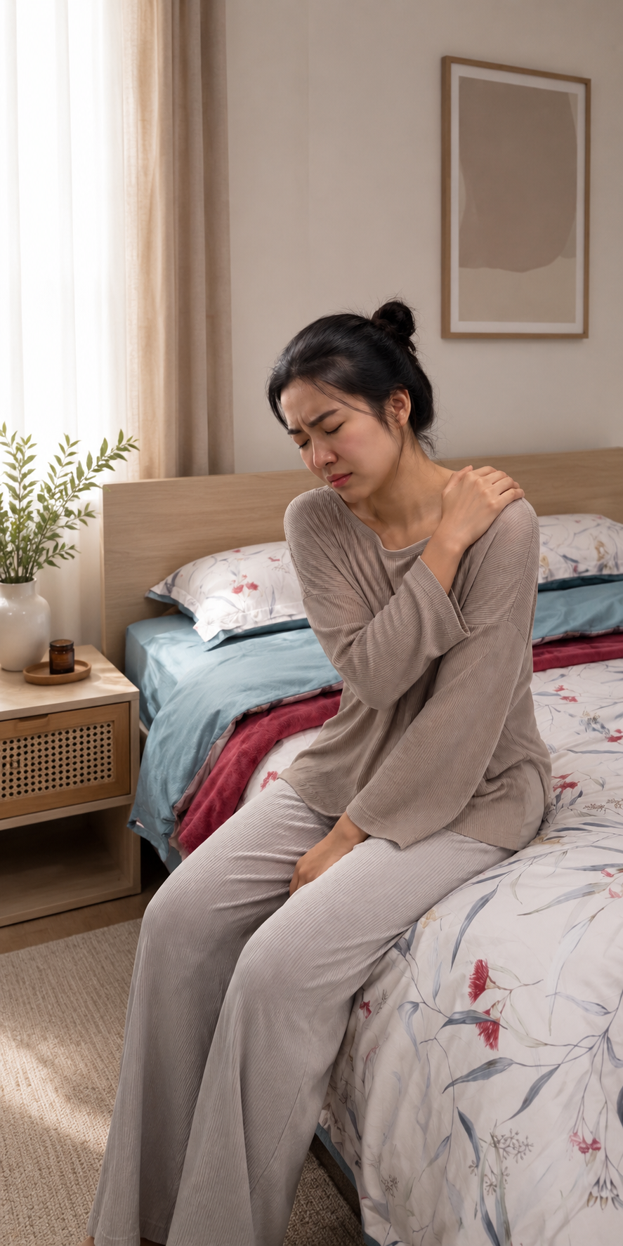 Woman waking up with neck and shoulder discomfort