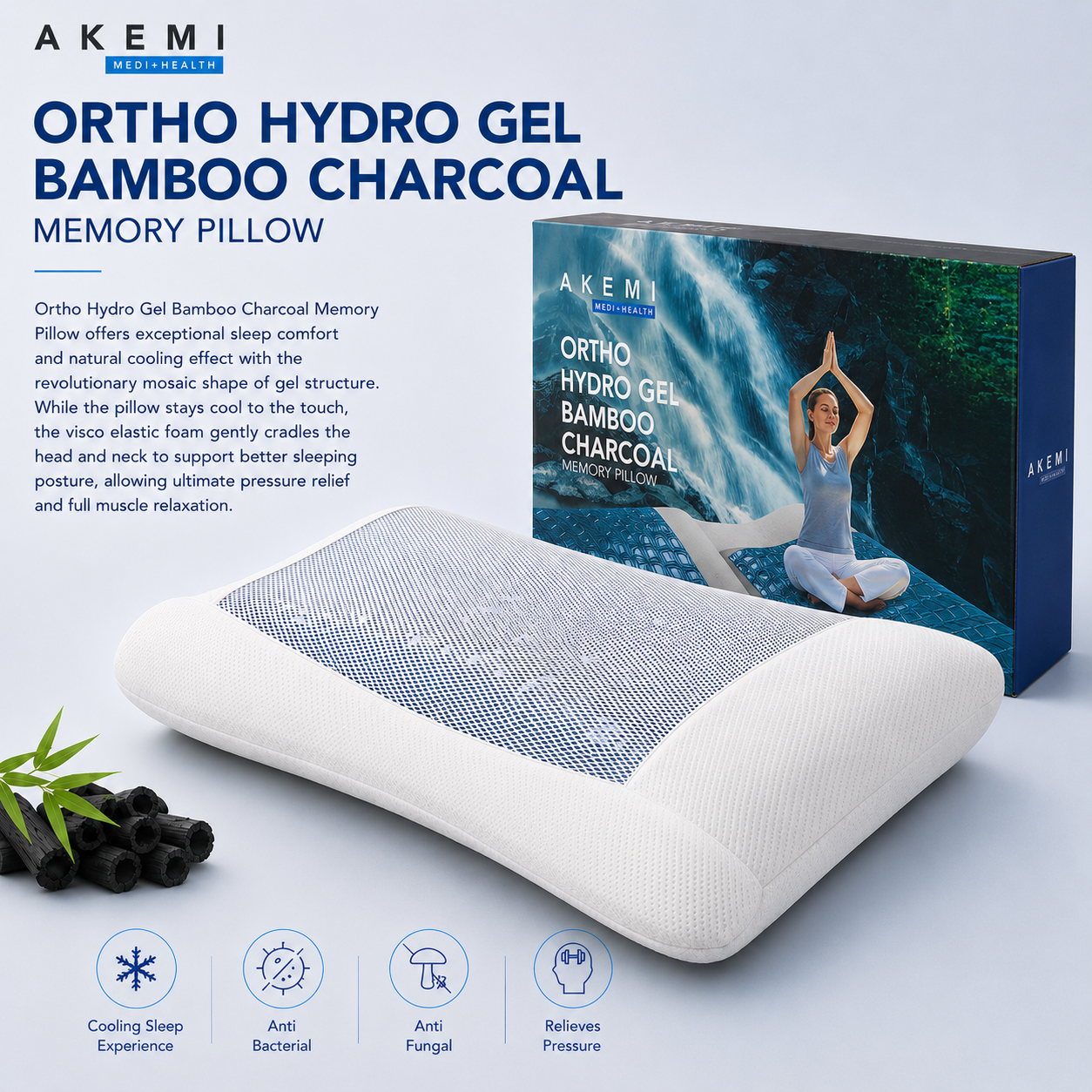 Akemi Ortho Gel Bamboo Charcoal Memory Foam — Memory Foam Pillow available at ED Shop Ipoh, Malaysia